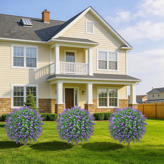 Artificial Lavender Ball Topiary Trees, 4 Pack | Ground Spike, No-Fade UV Resistant, Round Fake Plants, Outdoor Garden Yard Patio Decor
