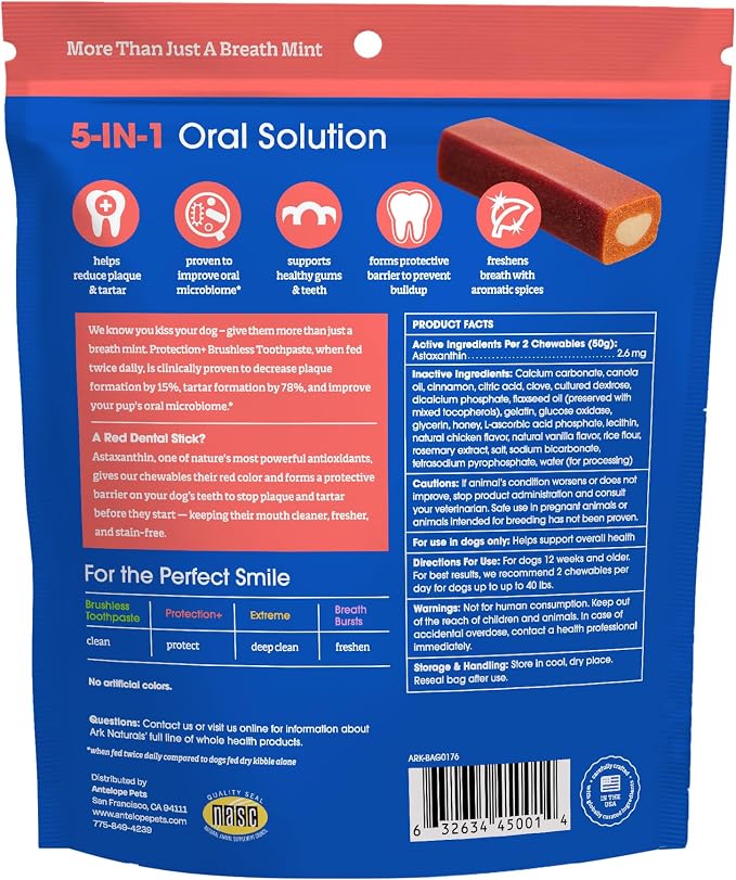 Ark Naturals Protection+ Brushless Toothpaste Chews - Medium Breeds (18 ct) | Vet Formulated Dog Dental Chew with Toothpaste Center - Freshens Breath and Prevents Plaque & Tartar