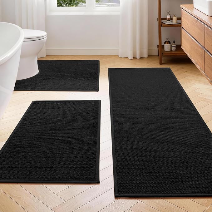 YIHOUSE Black Bathroom Rugs Sets 3 Piece, Quick Dry Thin Bath Mat with Toilet Rug, Non Slip Absorbent Machine Washable, Bath Runner Rugs for Bathtub Sink Home Decor