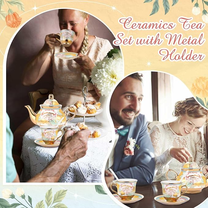 Zhehao 20 Pcs Porcelain Tea Set with Metal Holder and Spoon Adult Ceramic Tea Set European Flower Painting Teapot Cup Saucer Spoon for Women Mom Gift, Large Version (Classic Style)