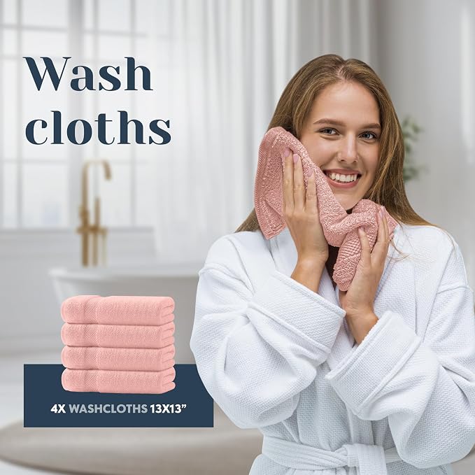 White Classic Luxury Bath Towel Set of 8 Pieces - 100% Turkish Cotton Highly Absorbent Towels for Bathroom, 2 Luxury Bath Towels 700GSM, 2 Hand Towels, 4 Washcloths, Pink
