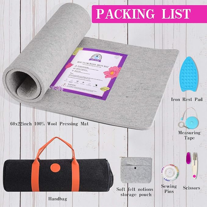 Rdutuok Wool Pressing Mat, 60" x 22", 100% New Zealand Wool Ironing Mat | Extra Large 1/2" Thick Ironing Pad with Carrying Case for Quilting, Sewing, Embroidery and Large Quilt Projects