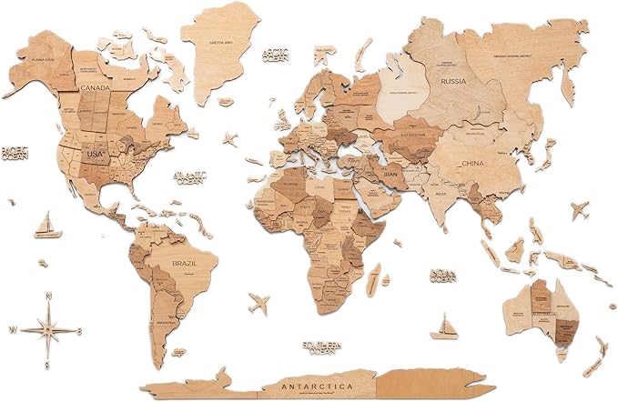Enjoy The Wood 3D Wooden World Map Wall Art - Large Travel Map with Pins for Art Decor - Decorative Map of the World for Home, Office - Travel Wall Art Housewarming Gift Idea (Light, 2XL, Unframed)