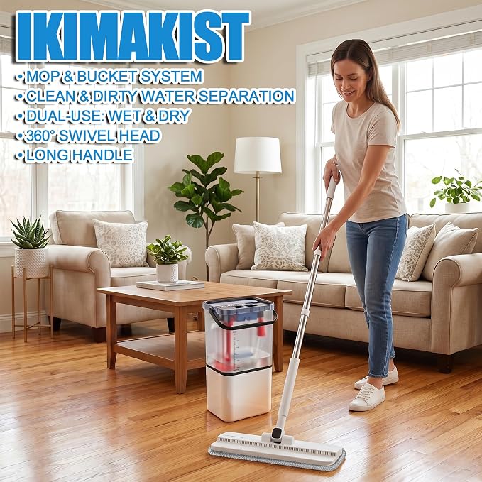 Mop and Bucket Set, Clean Water Separation Floor Dust Flat Mop | Includes 4 microfiber pads for cleaning hardwood, tile, marble and laminate floors. Features a visual clean water tank