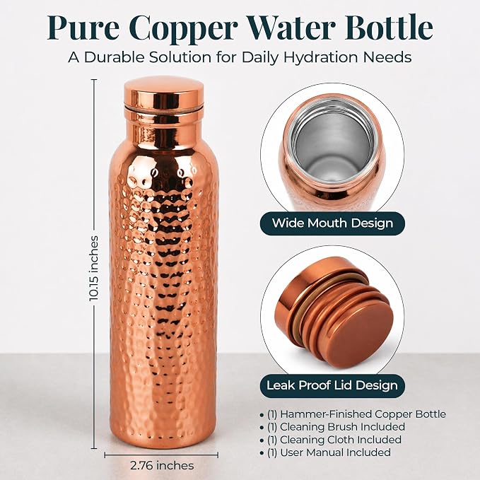 Four Flowers Copper Water Bottle 650ml with Cleaning Brush – Copper Coated Exterior & Stainless Steel Interior – Leak Proof Wide Mouth Metal Bottle for Travel, Gym, Office & Daily Hydration