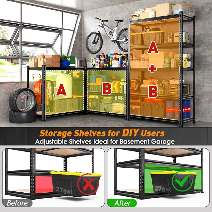 REIBII 2400LBS Garage Shelving,36" Wx16" Dx72" H Shelves for Basement | Adjustable 5-Tier Shelving Unit,High-Density MDF Shelves,Heavy Duty Storage Shelves,Easy Assembly,For Pantry Workshop Storage