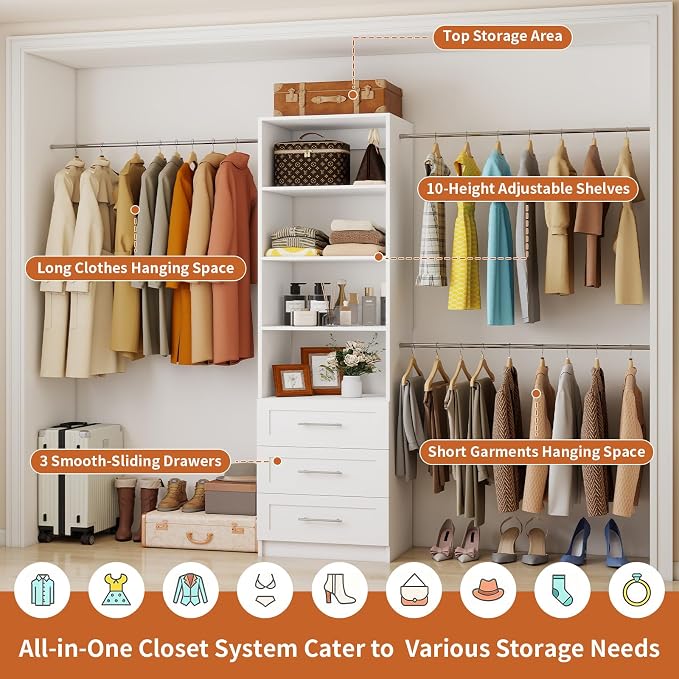 Fastgo Closet System with Drawers, 5-9FT Closet Organizer System with 4 Expandable Rods & Adjustable Shelves for Walk in Closet, 96” Built in Closet System Tower, Small Closet Storage System, White
