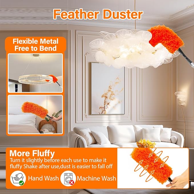 18FT High Reach Duster Cleaning Kit with 3-12 FT Extension Pole | High Ceiling Dusting and Window Cleaning Kit with Microfiber Feather Duster,Cobweb Duster,Ceiling Fan Duster,Window Squeegee