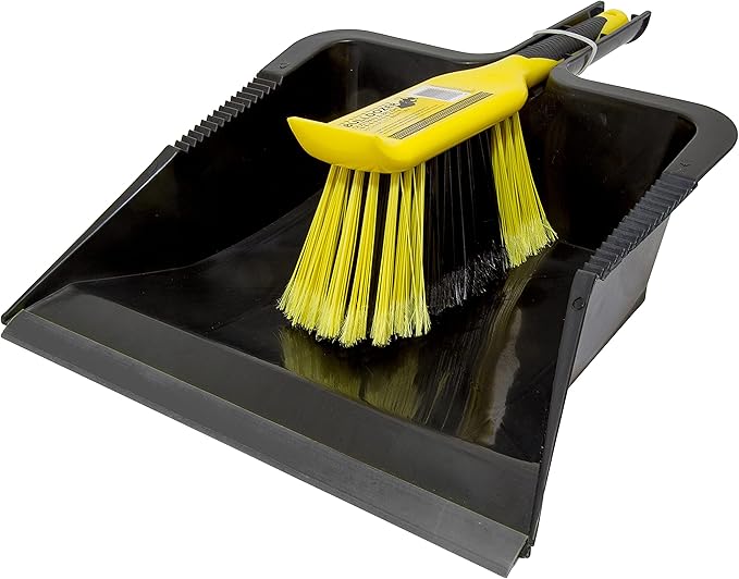 CHARLES BENTLEY Bulldozer Heavy Duty Dustpan and Brush Set with Stiff, Soft PVC Bristles, Serrated Edges, Front Scraper, Rubber Lip, Suitable for Garden and Indoor Use, Black and Yellow (44x28.5cm)