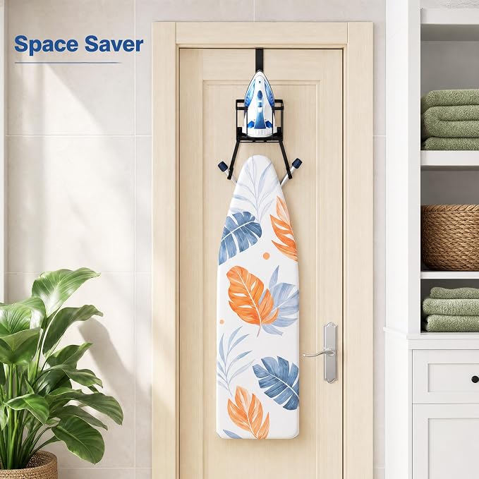 ORLESS Ironing Board Hanger Over Door & Wall Mount, Black | 2 in 1 Heavy Duty Iron Board Holder with Storage Basket, Fits T/Y Boards, Laundry Room Space Saver