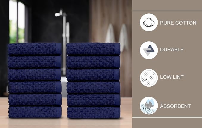 COTTON CRAFT Euro Spa Waffle Wash Cloth - Set of 12 Navy Washcloth | Luxury Face Towel Set - 100% Cotton - Soft Plush Absorbent Low Lint Quick Dry - Gym Shower Beach Bath Kitchen - 12x12 inches