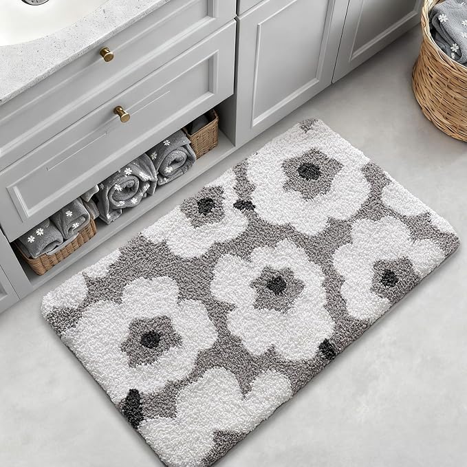 LUMI Bathroom Rugs Cute Floral Design, Soft Absorbent Microfiber Bath Mat Non-Slip, Machine Washable Quick Dry Grey Luxury Rug Flower for Floor, Bathtub, Home Decor, 20"x32"