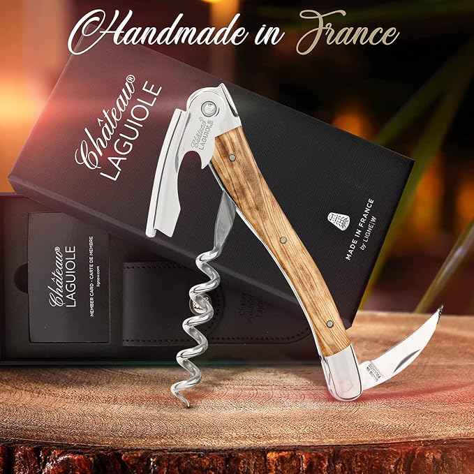 Chateau Laguiole Classic Laguiole Corkscrew - Olive Wood French Luxury Wine Opener - Includes Leather Sheath & Gift Box