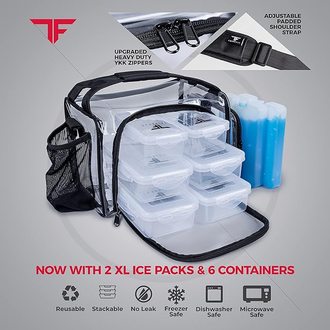 ThinkFit Clear Lunch Bag with 6 Meal Prep Containers and Ice Packs BPA-Free | Includes Shaker Cup, 2 Ice Packs and Pill Organizer; Reusable Clear Lunch Box for Work; Microwave, Freezer, Dishwasher Safe