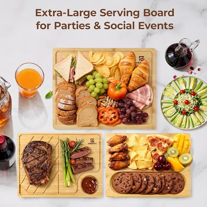 Large Bamboo Cutting Boards Set of 4 for Kitchen, Bamboo Charcuterie Chopping Board with Holder Non Slip, Steak Serving Tray with Juice Groove, Big Butcher Block for Cheese, Ideal for Gift
