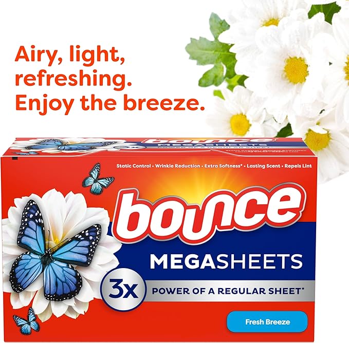 Bounce Mega Dryer Sheets, Fresh Breeze, 130 Count, Mega Fabric Softener Sheets with Static Control, Wrinkle Reduction, Extra Softness, Lasting Scent, Repels Lint (Pack of 3)