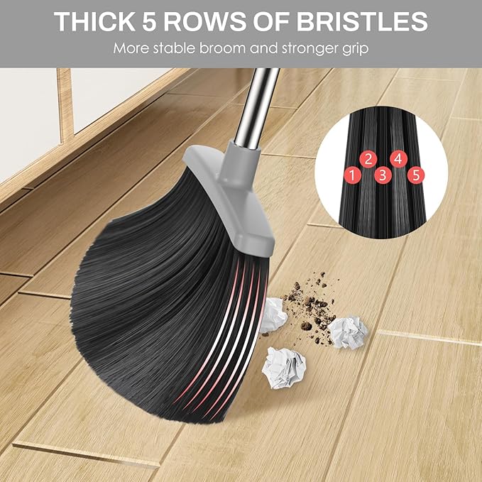 Broom and Dustpan Set for Home, 51-in Long Adjustable Handle Angle Broom and Dustpan Combo Set with Dust Pan Teeth to Clean Hair for Home Kitchen Office Lobby Floor Garden (Black&Grey)