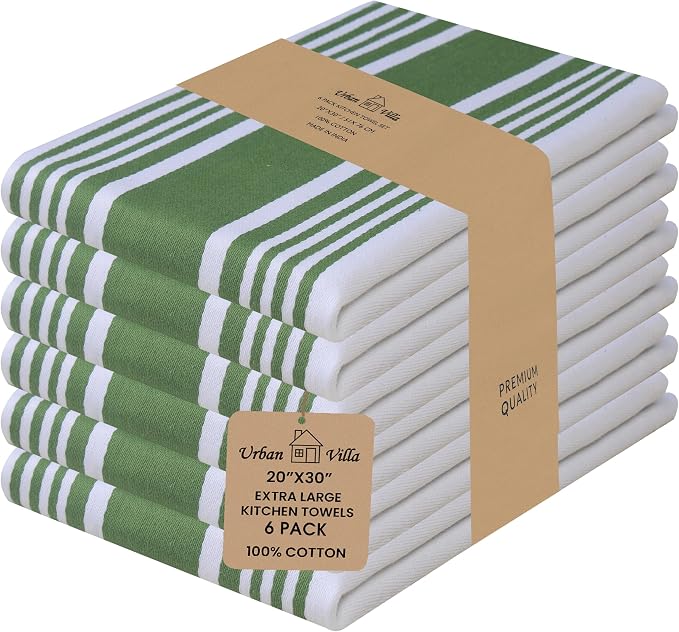 Urban Villa Kitchen Towels Cotton Dish Towels 20”x30” (Set of 6) Green Wht