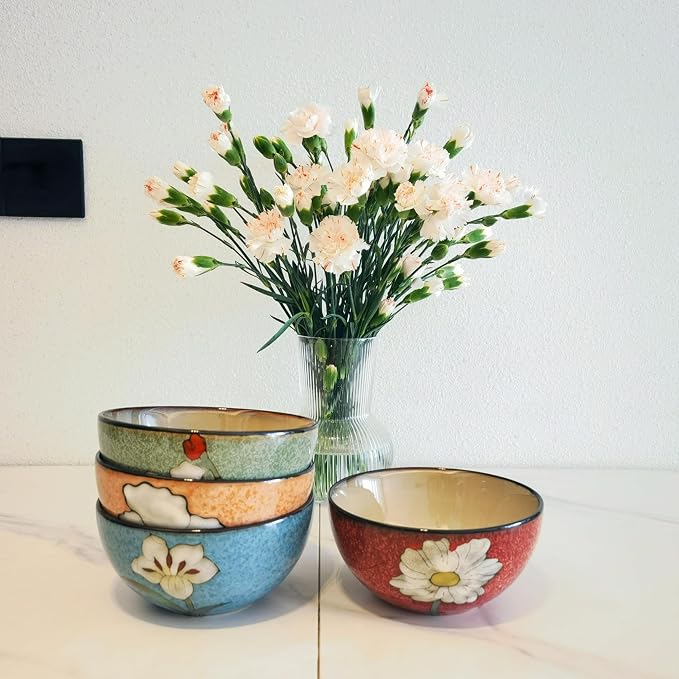 Ceramic Bowls For Kitchen, 28oz - Bowl Set of 4 - For Cereal, Salad, Pasta, Soup, Ramen, Serving etc - Dishwasher, Microwave, and Oven Safe - For Breakfast, Lunch and Dinner (Blue+Red+Green+Pink)