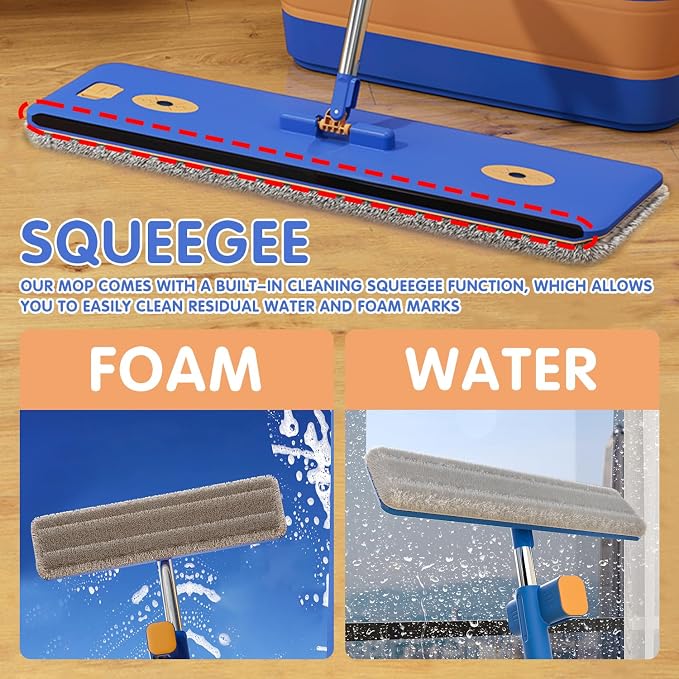 16.5" Self Wringing Flat Mop and Collapsible Bucket Set - Hands-Free Wet & Dry Microfiber Mop with Built-in Squeegee & 5 Washable Pads - Floor Cleaner for Hardwood, Laminate, and Tile