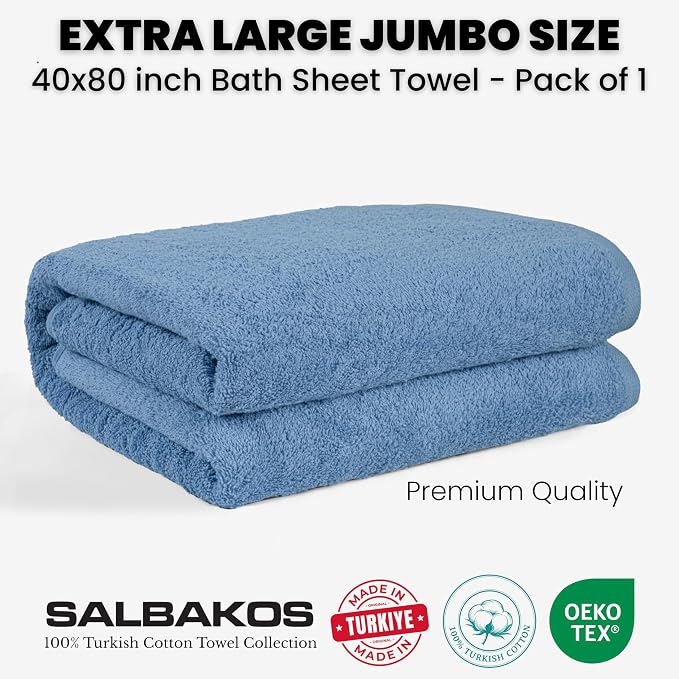 SALBAKOS Luxury 100% Turkish Cotton Bath Sheet 40x80 inch (1-Piece, Blue) | Extra Large Jumbo Oversized Bathroom and Beach Towel, Super Soft Highly Absorbent Thick Premium Hotel Quality, Made in Turkey