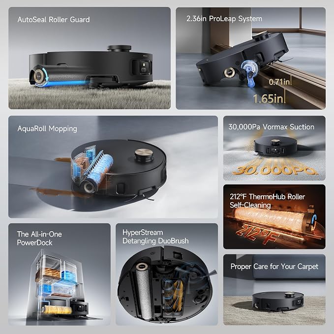 DREAME Aqua10 Roller Robot Vacuum, AquaRoll Mopping, 30,000Pa Suction, 100% Detangling, Carpet-Protecting Roller Guard, Clear 2.36in Obstacle, Self-Empty, Self-Cleaning, Roller Mop Extending
