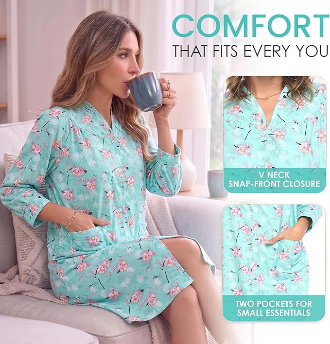 Casual Nights Women's Floral Snap Front Flannel Duster Long Sleeve Lounger Dress