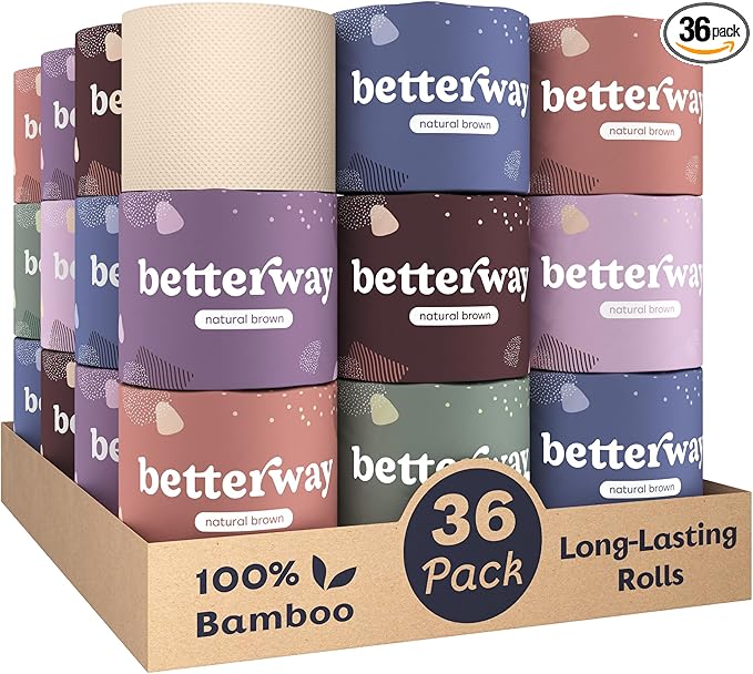 Betterway Unbleached Bamboo Toilet Paper Rolls - Eco-Friendly 3 Ply Toilet Tissue - 36 Long-Lasting Rolls - 360 Sheets/Roll - Organic, FSC Certified, Septic Safe TP - Lint-Free, PFAS-Free Bath Tissue