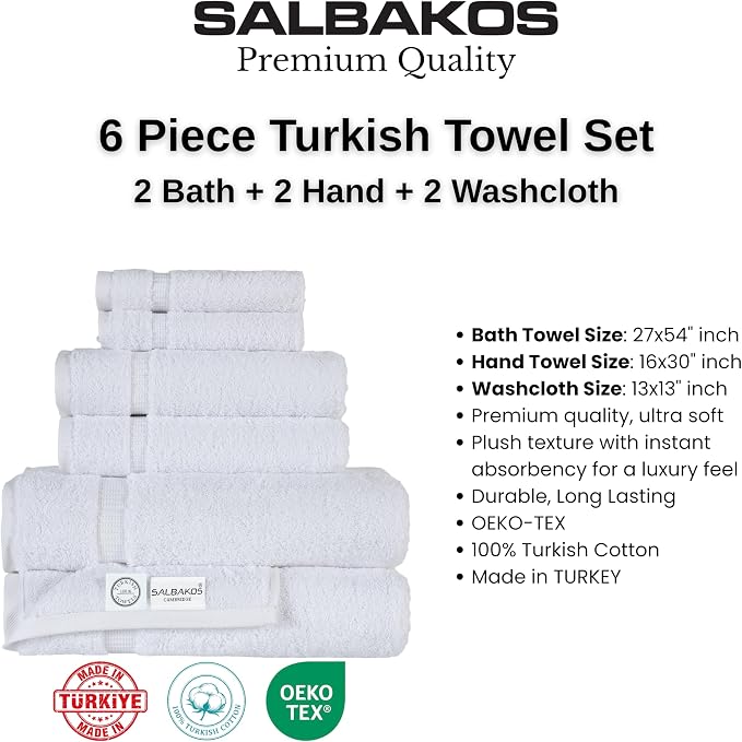 SALBAKOS 100% Turkish Cotton Bathroom Towel Set of 6-Piece, White | 630 Gsm Thick Super Soft Highly Absorbent 2 Bath + 2 Hand + 2 Washcloth Towels Sets, Giftable, Hotel Quality, Made in Turkey