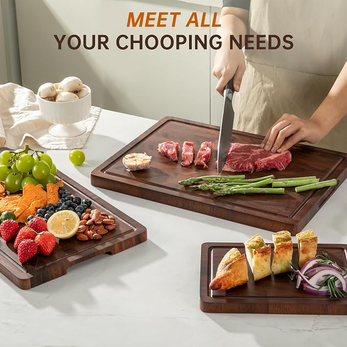 Walnut Wood Cutting Board Set, End Grain Cutting Board for Kitchen | Walnut Wooden Charcuterie Boards, FSC Certified, Non Toxic, Non-Slip Feet, 3 Practical Sizes, Meal Prep & Serving, Gift Box