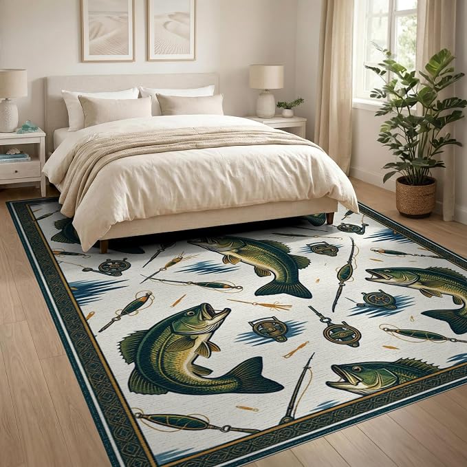 8'x10' Washable Area Rug Bass Lake Lure Tackle Reel Motif Border Angler Hook Fish Fishing Refined for King Size Bedroom, Master Suite, Under Bed, Foldable Easy Care