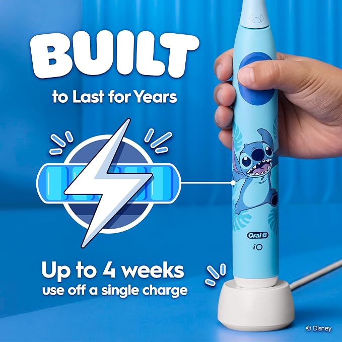 Oral-B iO Kids Rechargeable Electric Toothbrush, Stitch with 1 Brush Head - Automatic Pressure Sensor - 3 Cleaning Settings - 2 Min Music Timer - 28 Day Battery Life