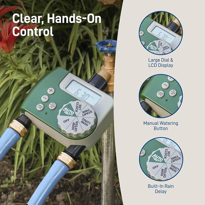 Orbit Programmable Digital Hose Watering Timer - 2 Outlet - Battery Powered - with LCD Screen - Built-in Rain Delay - Water-Resistant - 58910