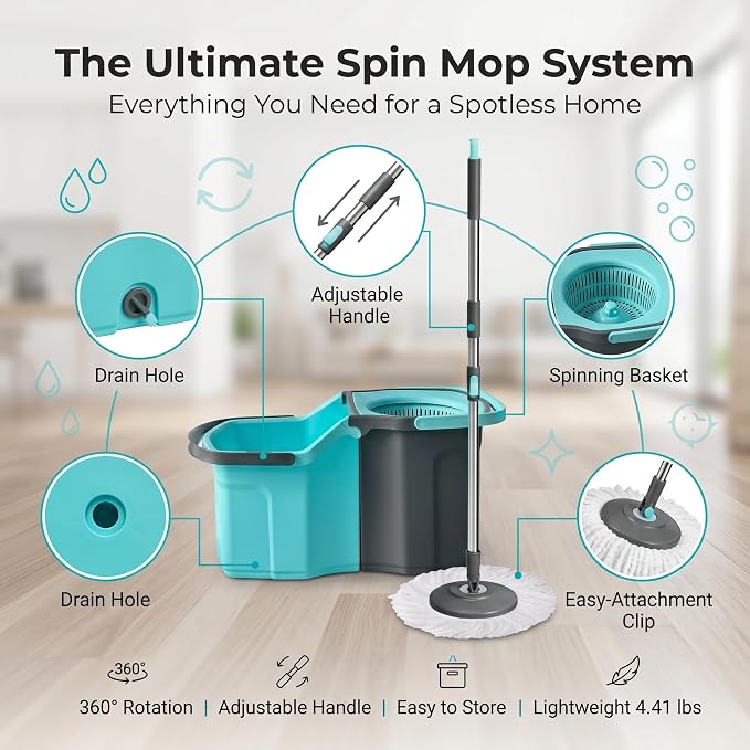 Spin Mop and Bucket Set with Telescopic Handle, Detachable Design, Hands-Free Wringing, 2 Microfiber Mop Heads,Blue/Gray