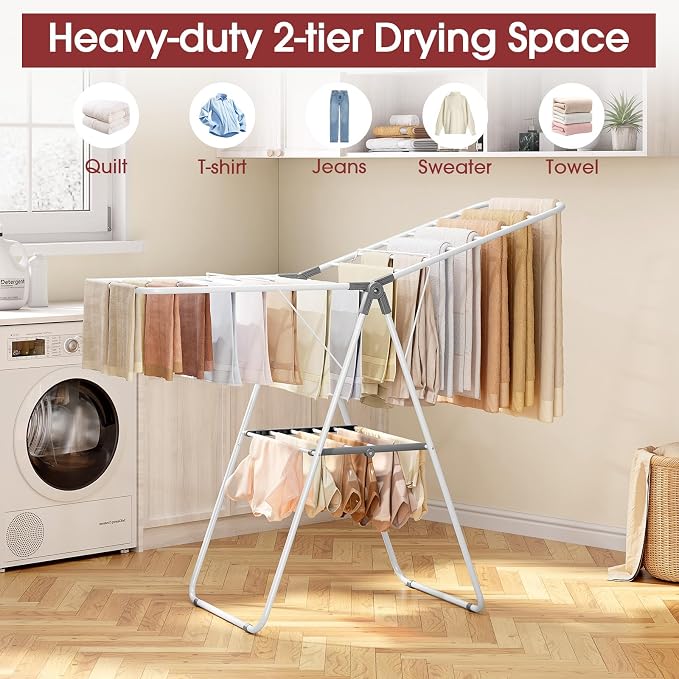 APEXCHASER Foldable Clothes Drying Rack, Adjustable Gullwings Space-Saving Laundry Drying Rack, Indoor Outdoor Use for Laundry Room Balcony Patio, Grey