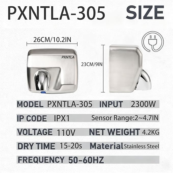 Stainless Steel Hand Dryer, 16 Seconds Fast Dry Hands, 100-130V, 180° Rotatable Air Nozzle, Hand Dryer for Home Bathroom, IPX1 Waterproof & 60s Overheat Protection