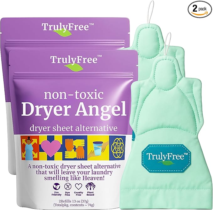 Truly Free Dryer Angel - Natural Dryer Sheet Alt, Non-Toxic Reusable Fabric Softener Booster Sheets, Safe for Babies and Sensitive Skin, Laundry Room Essentials - Germanium Scent - 2 Packs + 2 Refills