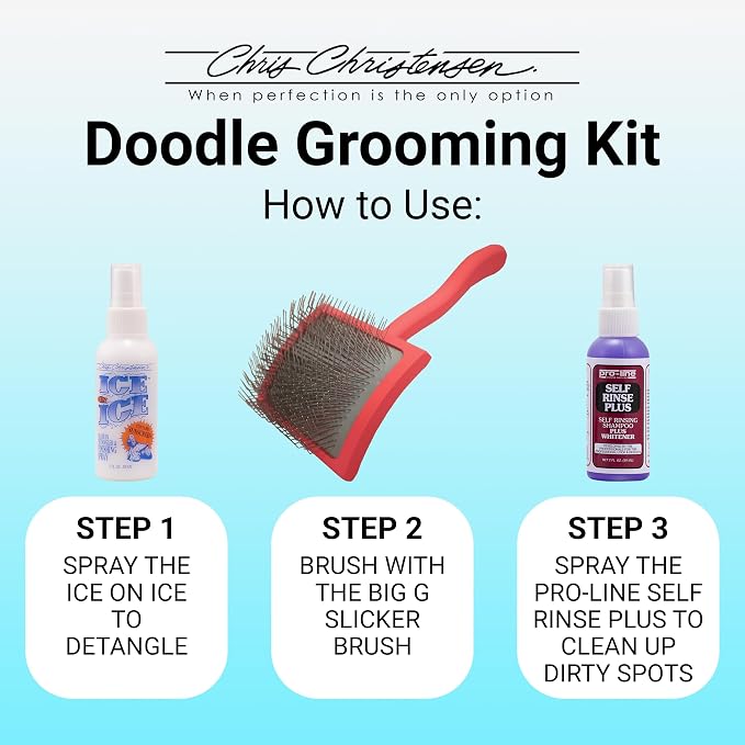 Chris Christensen Grooming Kit for Goldendoodles, Labradoodles, Poodles with Big G Dog Slicker Brush, Ice on Ice Detangling Spray, Pro Line Self Rinse Plus Spray
