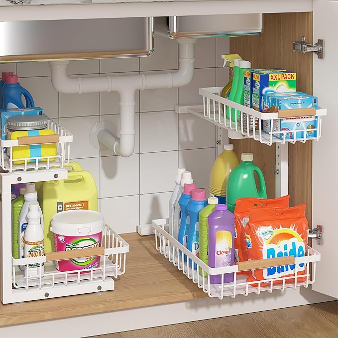 ADRIMER Under Sink Organizer 2 Packs, Pull Out Kitchen Sink Organizer, 2 Tier Slide Out Kitchen Organizers and Storage Bathroom Under Cabinet Storage Shelf, White