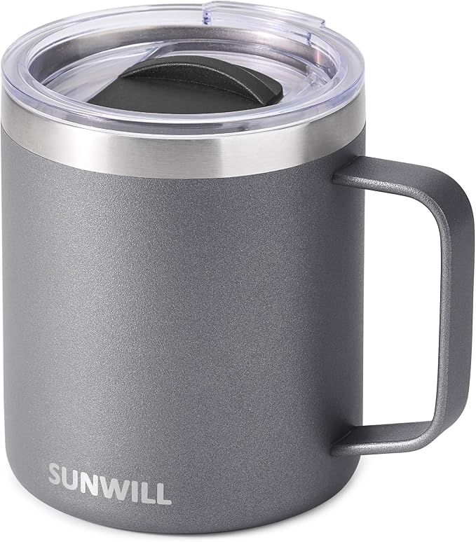 SUNWILL Travel Coffee Mug with Lid, Insulated Tumbler with Handle, 14 oz Stainless Steel Cup for Ice, Water, Tea, Cool Grey