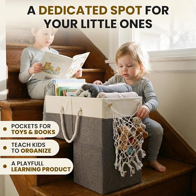 Stair Basket with Hammock for Carpeted & Wooden Stairs – Staircase Basket Organizer for Laundry, Toys, Books, Blankets & Household Storage - Large Stairstep Basket Bin with Cotton Handle