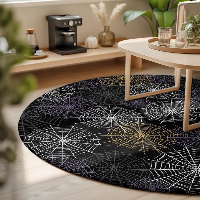 Round Area Rug 5', Black Halloween Washable Area Rugs for Living Room Kitchen Bedroom Nursery Dining Room, Purple White Yellow Net Classic Black Non Slip Door Mat Indoor Floor Throw Circle Carpet