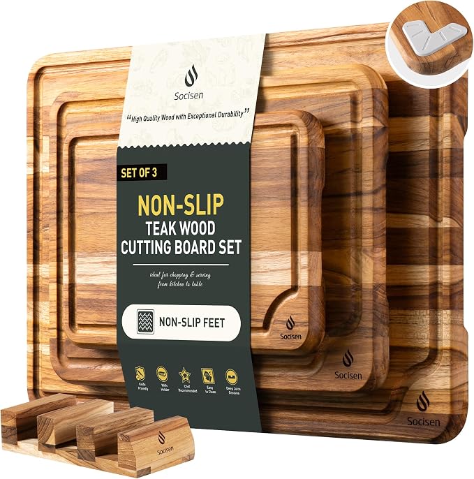 3 Pack Teak Wood Cutting Board Set for Kitchen Charcuterie Board Serving Heavy Duty Non Toxic Slip Over Sink Solid Thick Haus Wooden Chopping Board Large Big Small Meat Best Kitchen Mother Gift