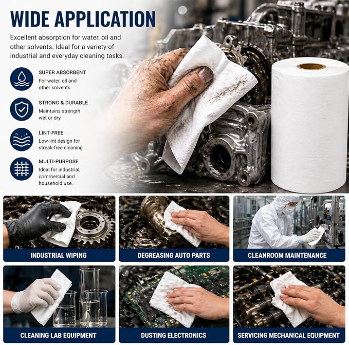 4 Rolls Industrial Cleaning Wipes Jumbo Roll, Heavy Duty Lint Free Shop Towels, Super Absorbent Reusable Cleaning Cloths for Garage Workshop Automotive, 500 Sheets 12"x 10" (White, 10"X12")