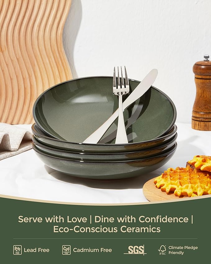 Pokini 16 Piece Double Bowl Dinnerware Sets with Pasta Bowls, Highly Chip and Crack Resistant Plates and Bowls Sets, Natural Earthyware Ceramic Dishware Sets, Service for 4 Blackish Green
