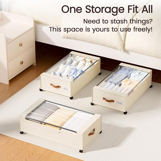 Yecaye 82L Under Bed Storage Containers, Fits 9.4" Under Bed, 2 Pack, Beige | XXL Capacity, 360° Rolling Wheels, Sturdy Metal Frame, Clear Window & Label, Storage Bins for Clothes, Shoes, Blankets