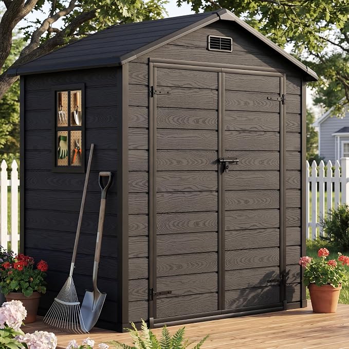DWVO 6X5FT Resin Storage Shed with Reinforced Floor, Outdoor Storage Shed with Lockable Door, Window and Vents, Waterproof Plastic Tool Shed for Garden, Backyard, Patio, Lawn