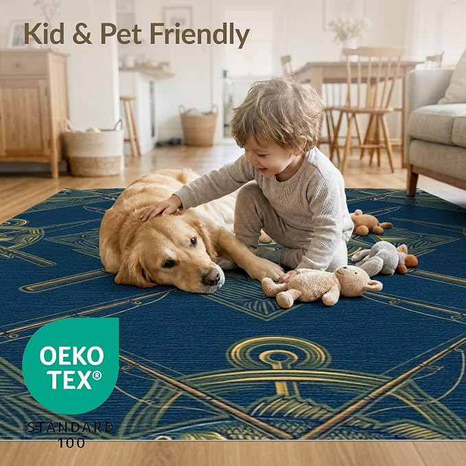 3'x5' Washable Area Rug Bass Nautical Wildlife Icons Lure Tackle Motif Border Fish Fishing Refined Non-Slip Chair-Friendly for Home Office, Hallway, Laundry Room