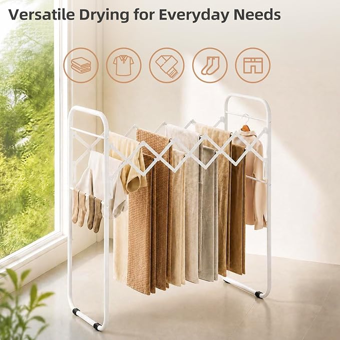 STORAGE MANIAC Clothes Drying Rack Foldable for Indoor Outdoor Use, White | 13 Drying Rails Accordion | Antirust Metal Free-Standing Laundry Drying Rack for Clothing Towels | 16.9"D x 36.4"W x 38.2"H