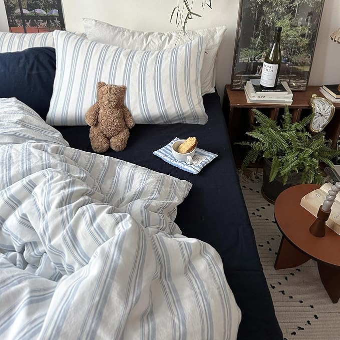 mixinni Vintage Blue & White Striped Duvet Cover Set - 3 Piece 100% Washed Cotton Full Size Bedding | Minimalist Relaxed Style | Ultra Soft Breathable, with Zipper Closure & Corner Ties-Full Size